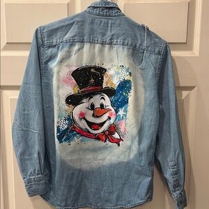 Old Navy Blue Denim Cardigan with Snowman Design